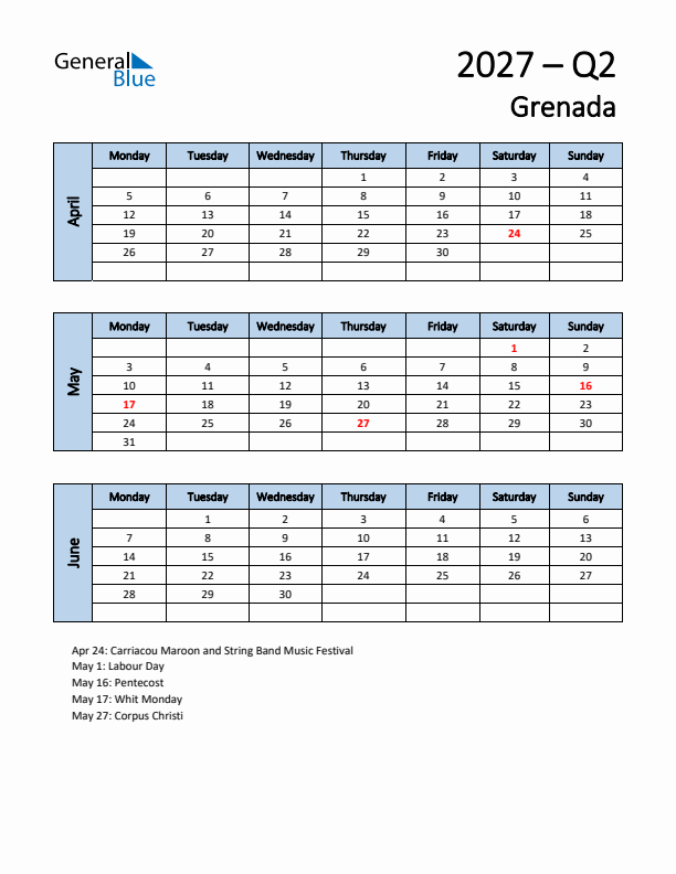 Free Q2 2027 Calendar for Grenada - Monday Start