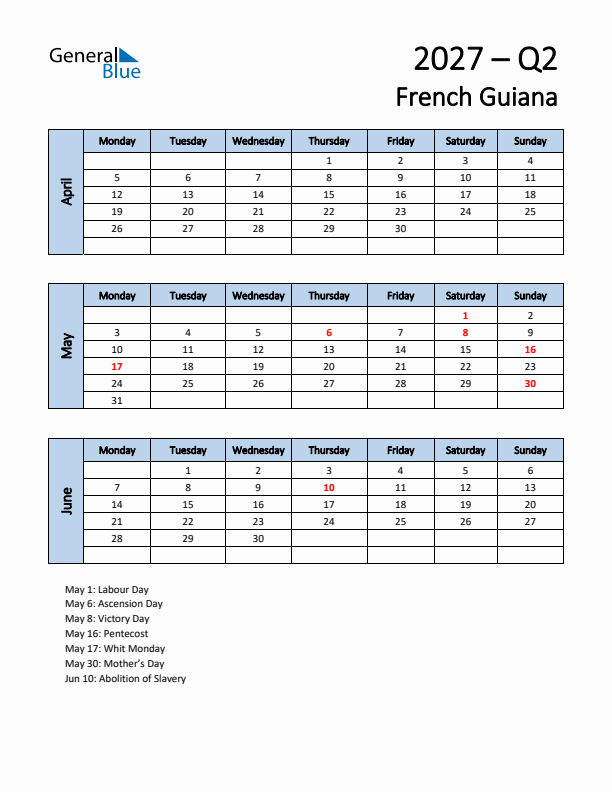 Free Q2 2027 Calendar for French Guiana - Monday Start