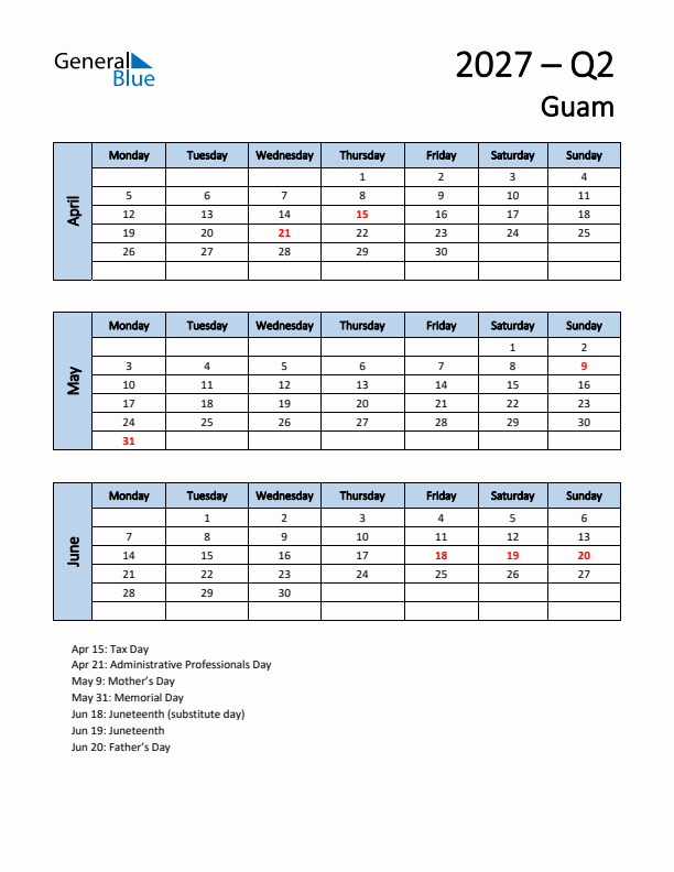 Free Q2 2027 Calendar for Guam - Monday Start