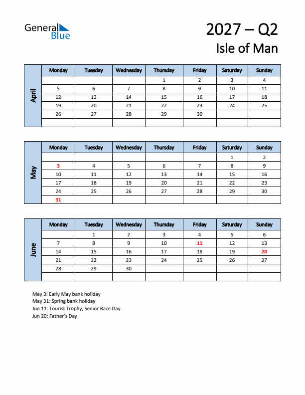 Free Q2 2027 Calendar for Isle of Man - Monday Start