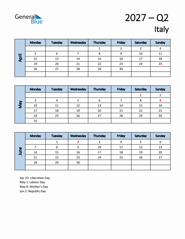 Free Q2 2027 Calendar for Italy - Monday Start