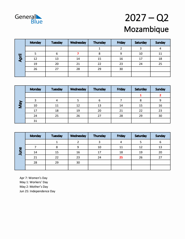 Free Q2 2027 Calendar for Mozambique - Monday Start
