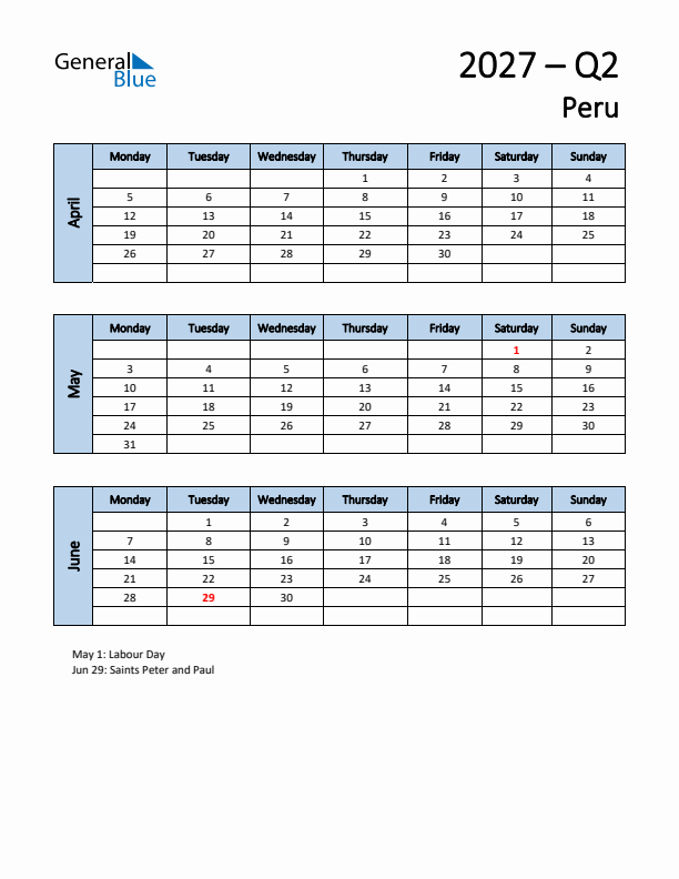 Free Q2 2027 Calendar for Peru - Monday Start