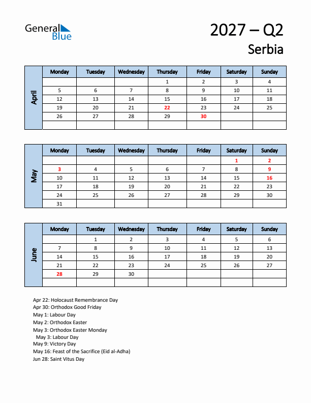Free Q2 2027 Calendar for Serbia - Monday Start