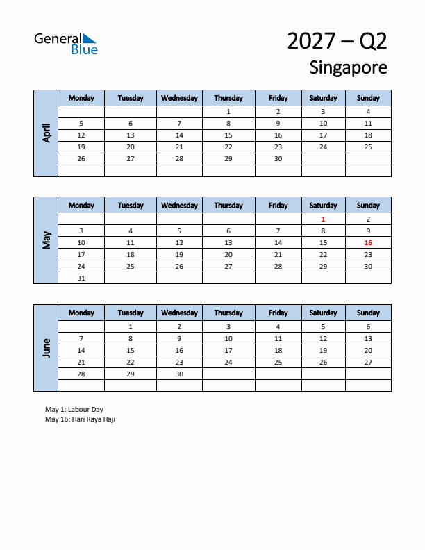Free Q2 2027 Calendar for Singapore - Monday Start