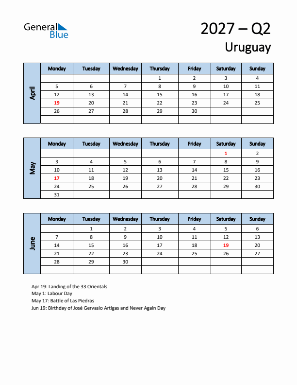 Free Q2 2027 Calendar for Uruguay - Monday Start