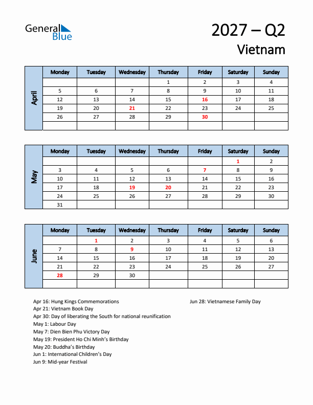 Free Q2 2027 Calendar for Vietnam - Monday Start