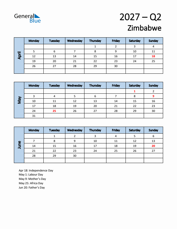 Free Q2 2027 Calendar for Zimbabwe - Monday Start