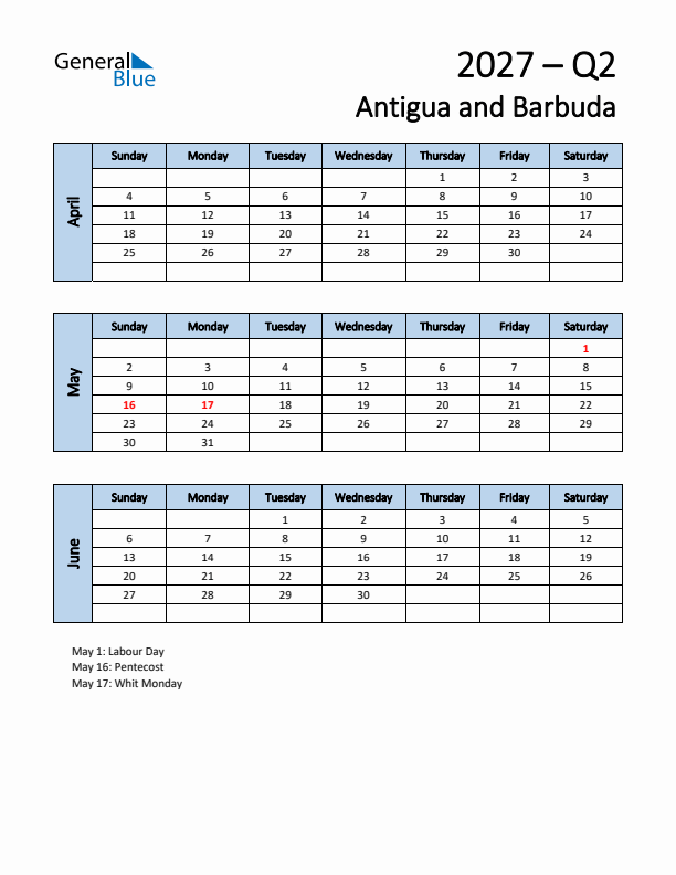 Free Q2 2027 Calendar for Antigua and Barbuda - Sunday Start