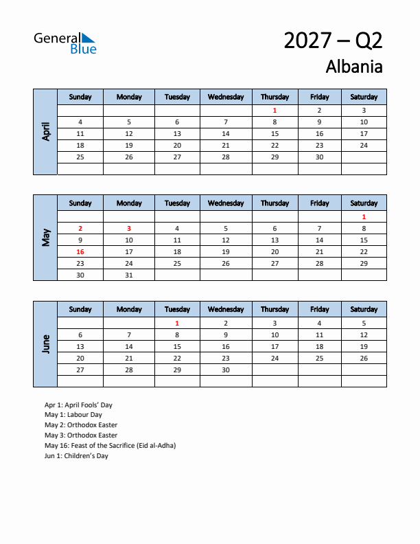 Free Q2 2027 Calendar for Albania - Sunday Start