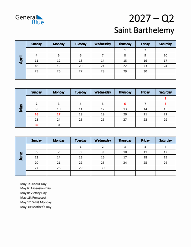 Free Q2 2027 Calendar for Saint Barthelemy - Sunday Start