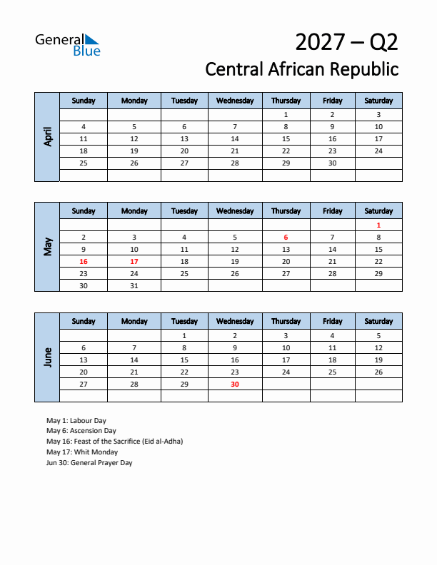 Free Q2 2027 Calendar for Central African Republic - Sunday Start