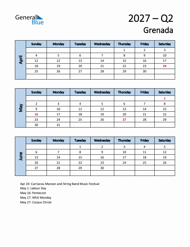 Free Q2 2027 Calendar for Grenada - Sunday Start