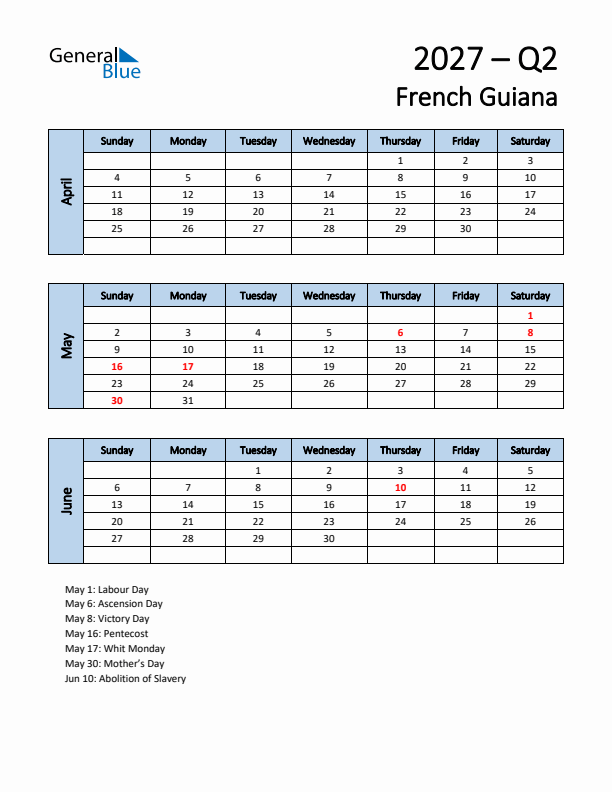 Free Q2 2027 Calendar for French Guiana - Sunday Start