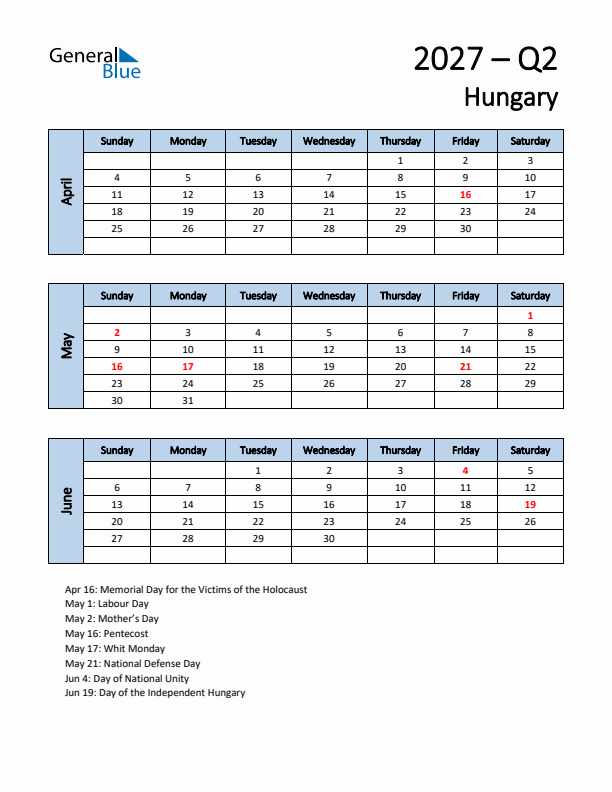 Free Q2 2027 Calendar for Hungary - Sunday Start