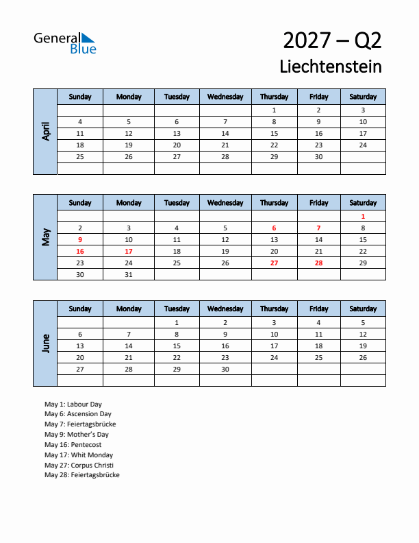 Free Q2 2027 Calendar for Liechtenstein - Sunday Start