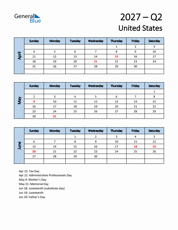 Free Q2 2027 Calendar for United States - Sunday Start