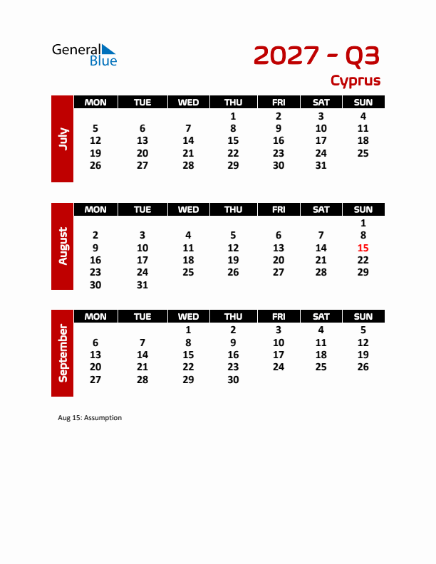 Q3 2027 Calendar with Holidays