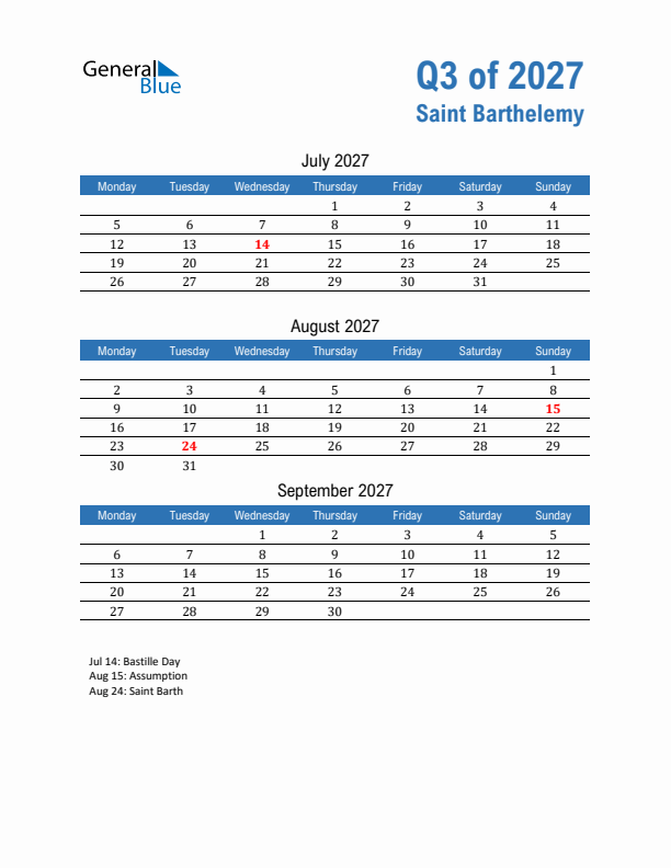 Saint Barthelemy 2027 Quarterly Calendar with Monday Start