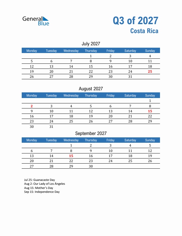 Costa Rica 2027 Quarterly Calendar with Monday Start