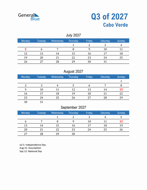 Cabo Verde 2027 Quarterly Calendar with Monday Start