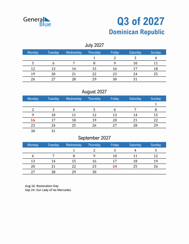 Dominican Republic 2027 Quarterly Calendar with Monday Start