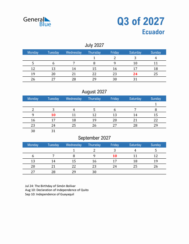 Ecuador 2027 Quarterly Calendar with Monday Start