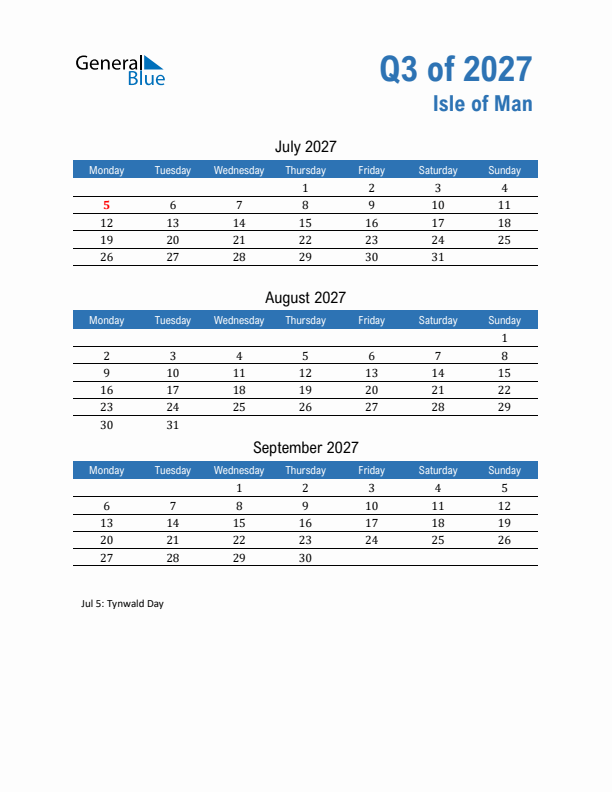 Isle of Man 2027 Quarterly Calendar with Monday Start