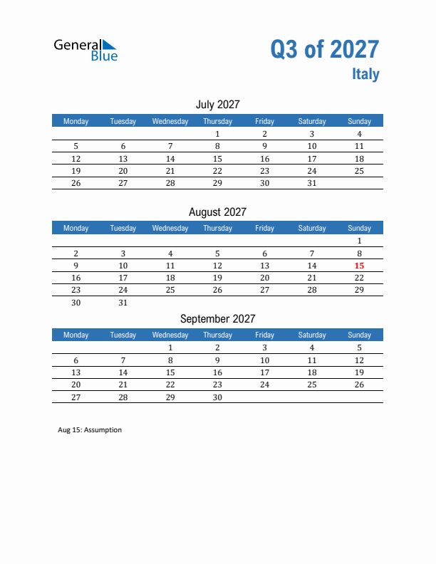 Italy 2027 Quarterly Calendar with Monday Start