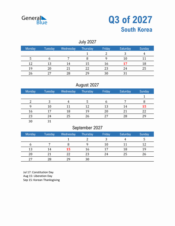 South Korea 2027 Quarterly Calendar with Monday Start