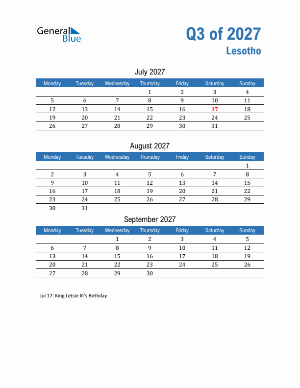 Lesotho 2027 Quarterly Calendar with Monday Start