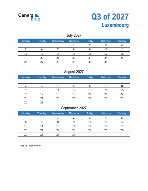 Luxembourg 2027 Quarterly Calendar with Monday Start