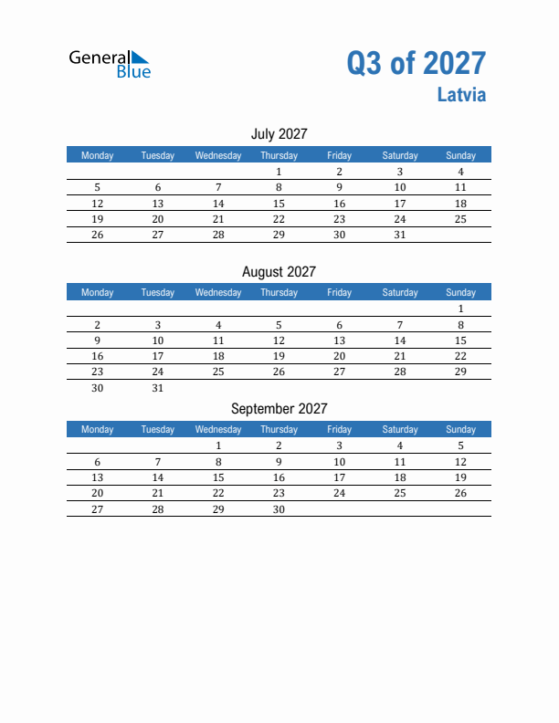 Latvia 2027 Quarterly Calendar with Monday Start