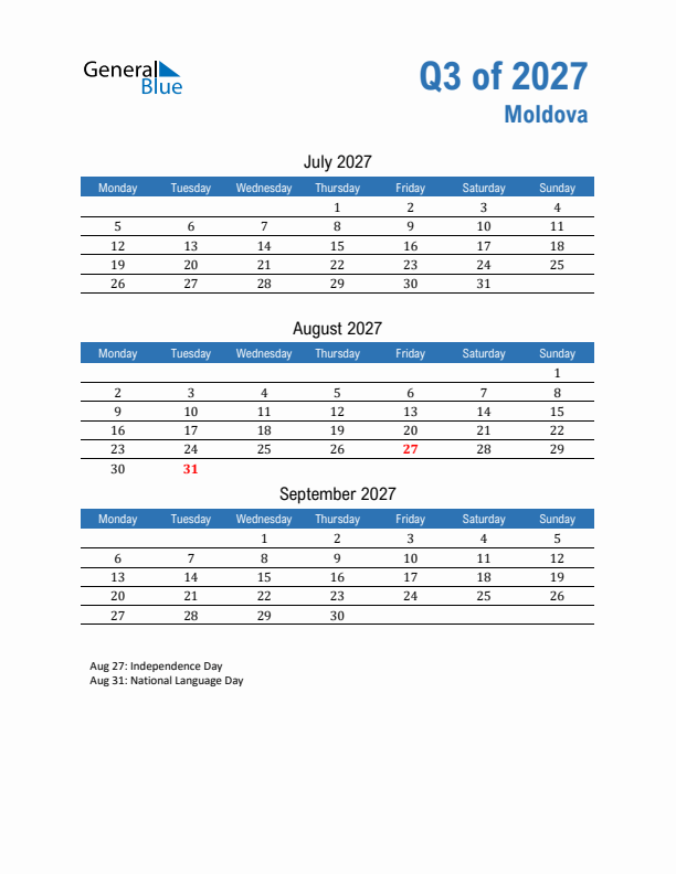 Moldova 2027 Quarterly Calendar with Monday Start