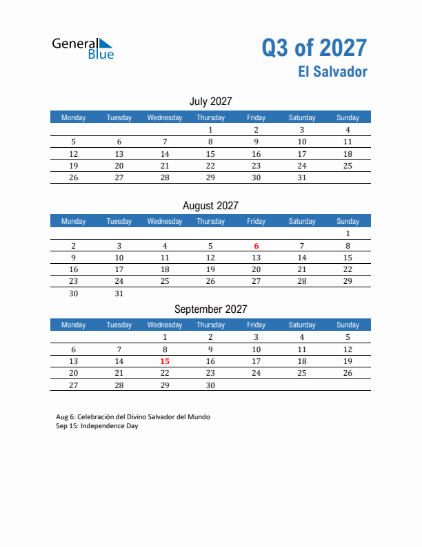 El Salvador 2027 Quarterly Calendar with Monday Start