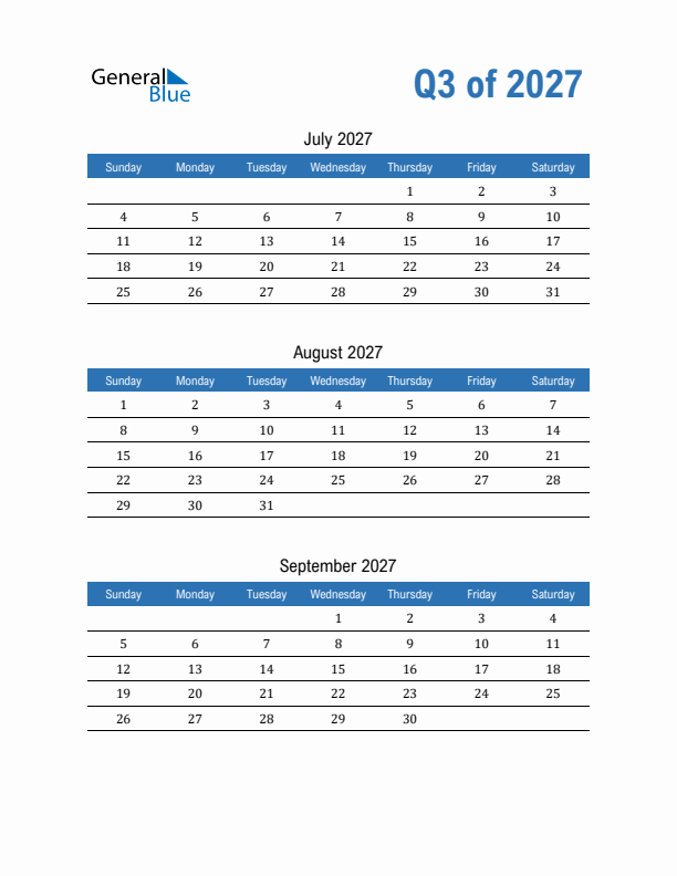 Fillable Quarterly Calendar for Q3 2027