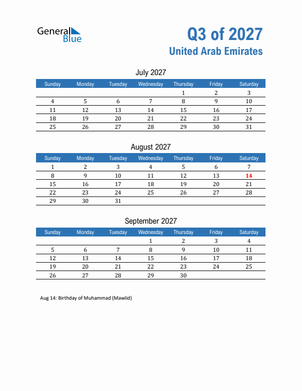United Arab Emirates 2027 Quarterly Calendar with Sunday Start