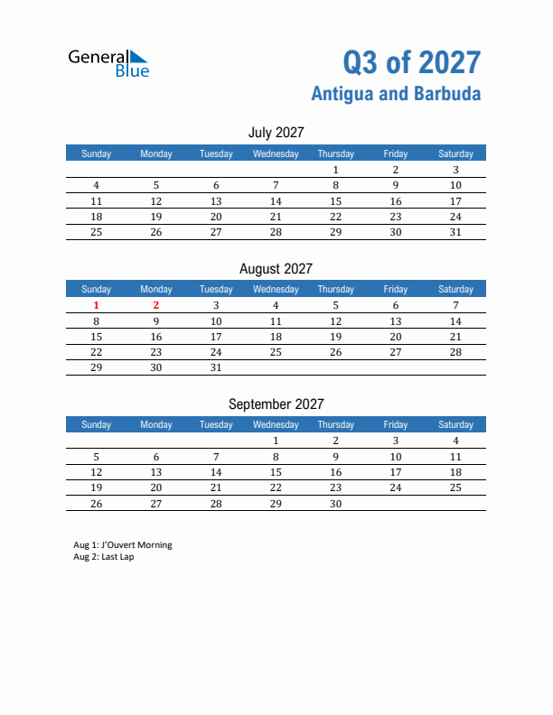 Antigua and Barbuda 2027 Quarterly Calendar with Sunday Start