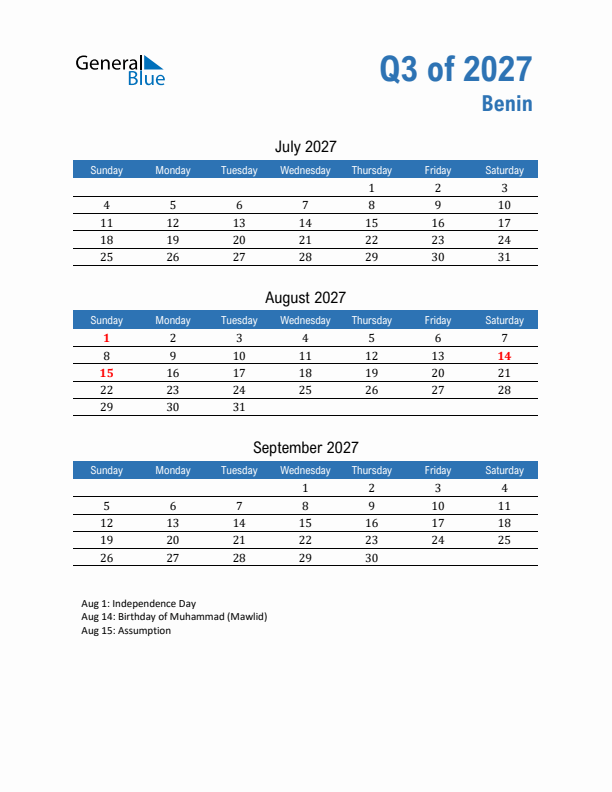 Benin 2027 Quarterly Calendar with Sunday Start
