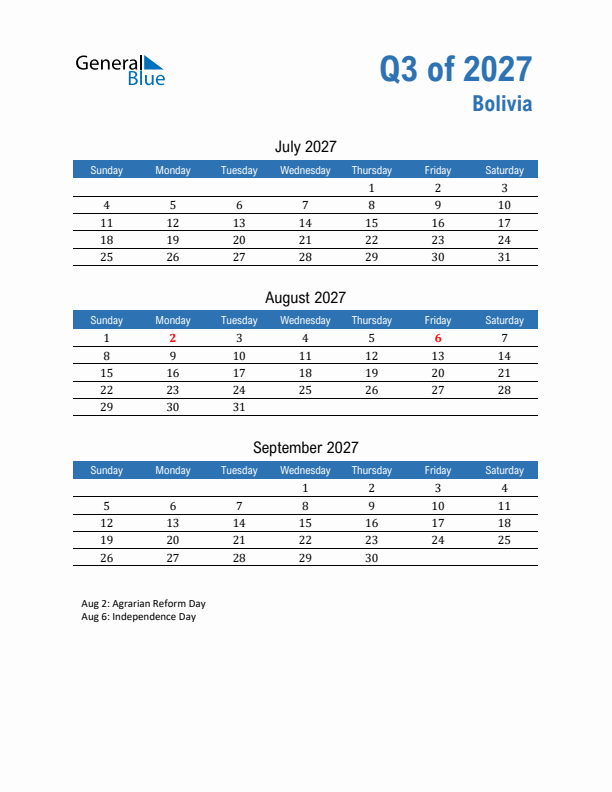 Bolivia 2027 Quarterly Calendar with Sunday Start