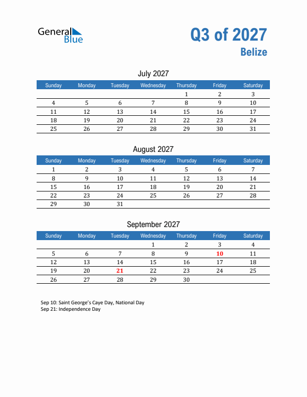 Belize 2027 Quarterly Calendar with Sunday Start