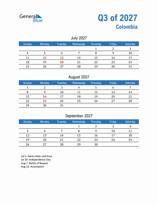 Colombia 2027 Quarterly Calendar with Sunday Start