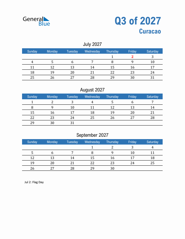 Curacao 2027 Quarterly Calendar with Sunday Start