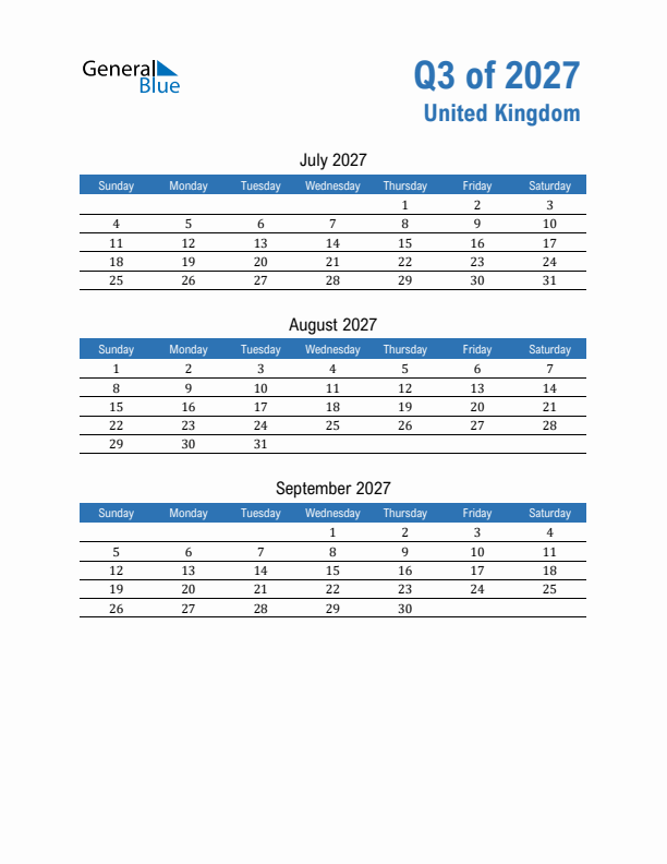 United Kingdom 2027 Quarterly Calendar with Sunday Start