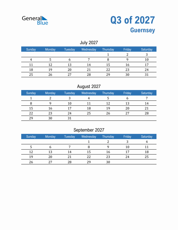 Guernsey 2027 Quarterly Calendar with Sunday Start