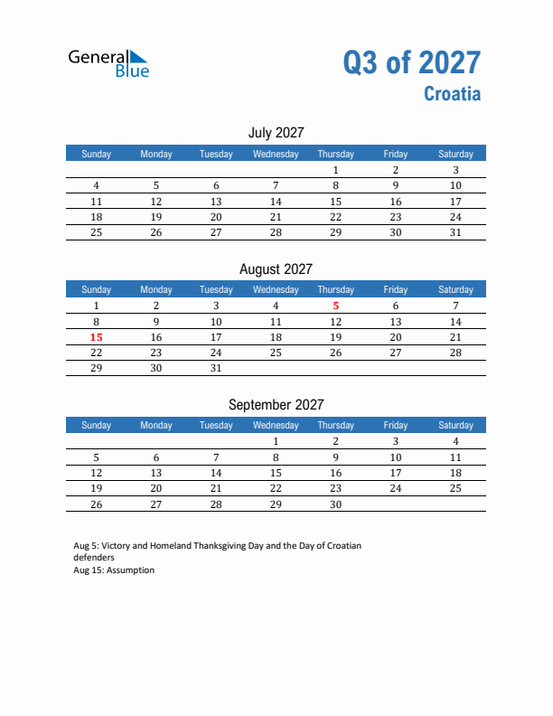 Croatia 2027 Quarterly Calendar with Sunday Start