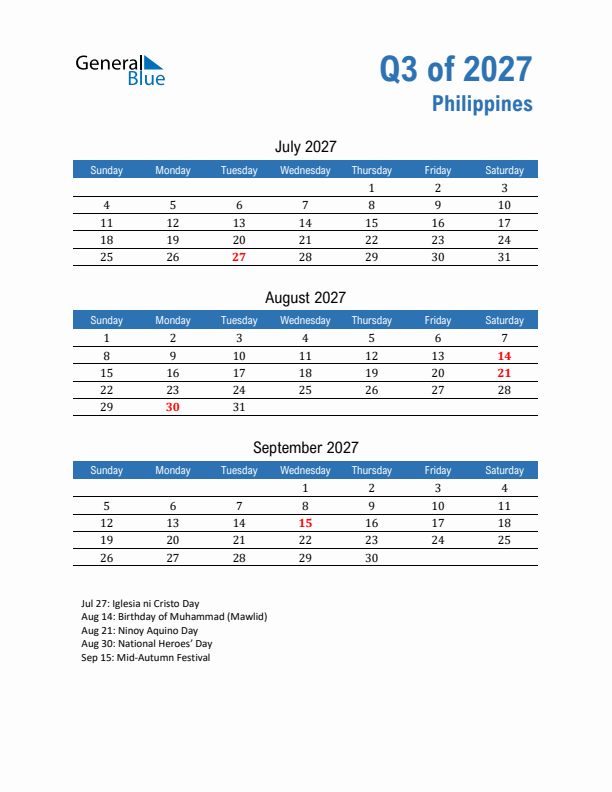Philippines 2027 Quarterly Calendar with Sunday Start