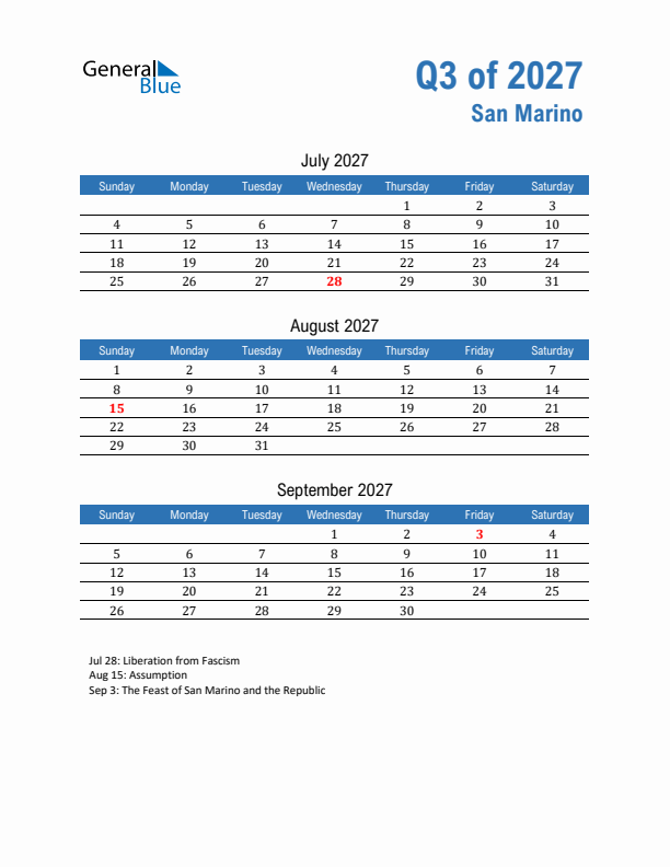 San Marino 2027 Quarterly Calendar with Sunday Start