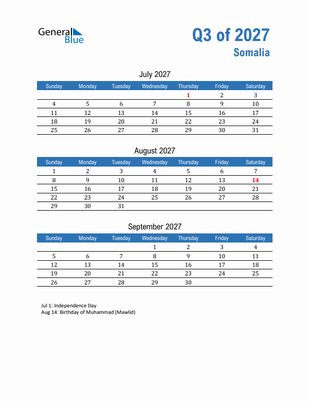 Somalia 2027 Quarterly Calendar with Sunday Start