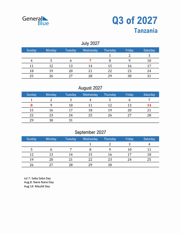 Tanzania 2027 Quarterly Calendar with Sunday Start
